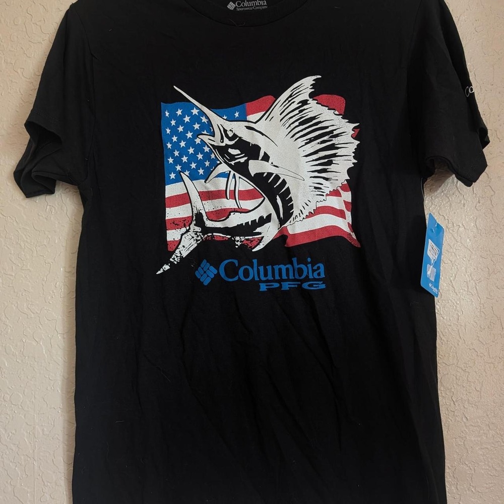 Columbia PFG Mens Black Marlin American Flag Graphic T-Shirt Size M NEW